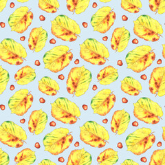 Seamless pattern with watercolor autumn leaves and nuts on white background. Perfect for fabric and wrapping paper.