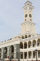 Building facade of North River Terminal, River station or Rechnoy Vokzal. Stalinist architecture...