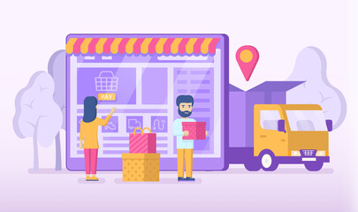 Online shopping concept with people, computer, truck. Modern flat illustration.