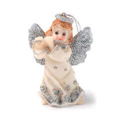 Figurine of a Christmas angel on a white background. Isolated object, place for text.