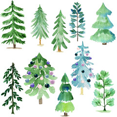 Fototapeta premium Watercolor Christmas background. Set of watercolor hand painted Christmas tree. Texture paper.