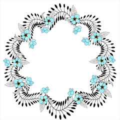 Watercolor oval plant wreath with hand-drawn leaves and flowers in black and turquoise colors.