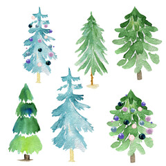 Watercolor Christmas background. Set of watercolor hand painted Christmas tree. Texture paper