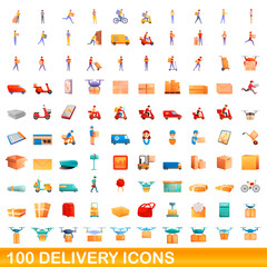 Naklejka premium 100 delivery icons set. Cartoon illustration of 100 delivery icons vector set isolated on white background