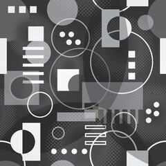 Motif Rétro / Fond avec Cercles et Carrés / Noir et Blanc