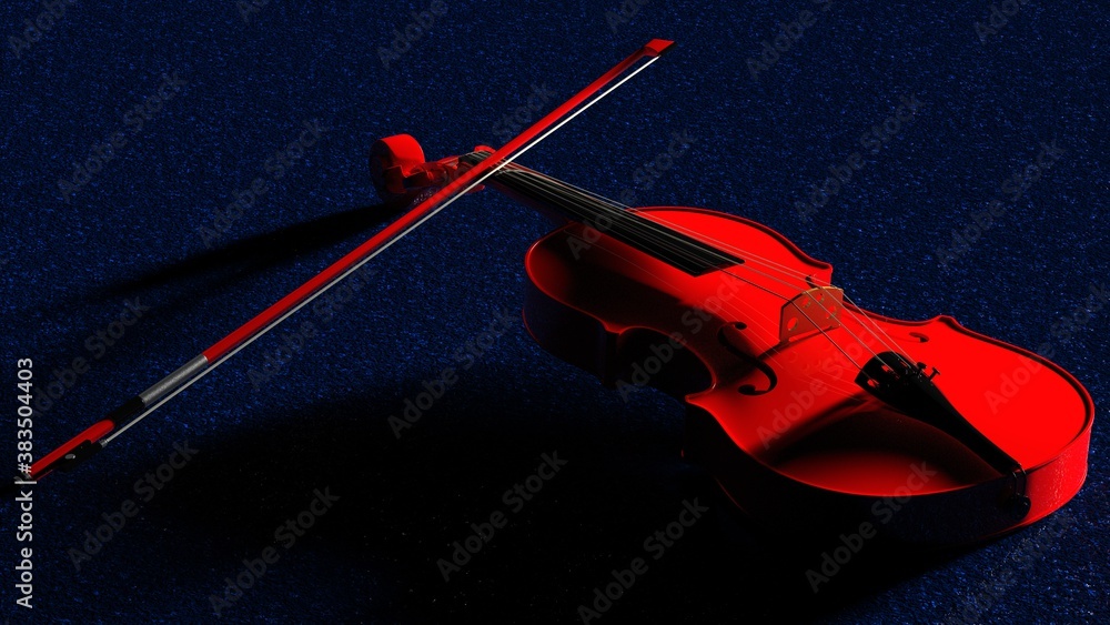 Wall mural Red classic violin on dark blue asphalt-surfaced road under spot lighting background. 3D sketch design and illustration. 3D high quality rendering.