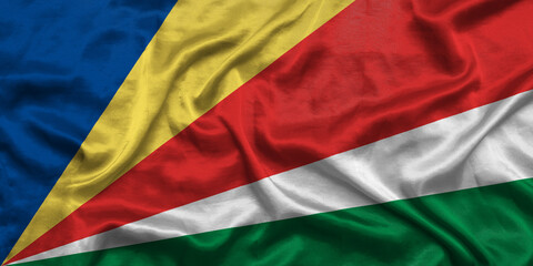 Obraz premium Seychelles national flag background with fabric texture. Flag of Seychelles waving in the wind. 3D illustration