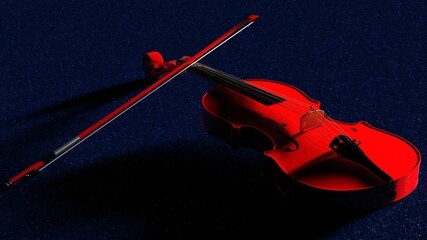 Red classic violin on dark blue asphalt-surfaced road under spot lighting background. 3D sketch design and illustration. 3D high quality rendering. © DRN Studio