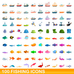 100 fishing icons set. Cartoon illustration of 100 fishing icons vector set isolated on white background