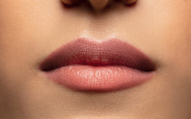 Calm, cute. Close-up shoot of beautiful female lips with natural lipstick make up. Beauty, fashion, skincare, cosmetics, ad concept. Copyspace. Well-kept skin and natural fresh look. Healthy shiny.