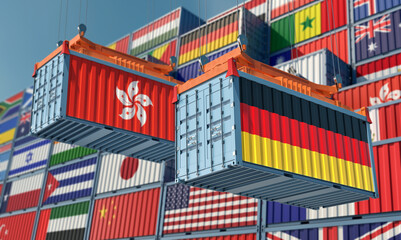 Freight containers with Hong Kong and German national flags. 3D Rendering