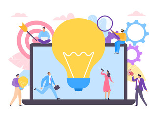 People teamwork at creative business idea, vector illustration. Man woman character near flat laptop with bulb concept. Team work solution technology design, community company background.
