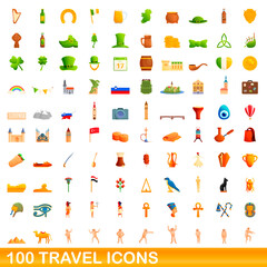 Fototapeta na wymiar 100 travel icons set. Cartoon illustration of 100 travel icons vector set isolated on white background