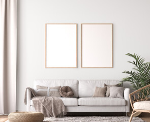 Frame mockup in living room design, two wooden frames in Scandinavian interior 