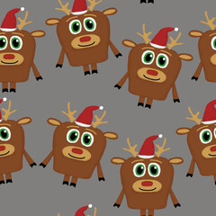 New Year seamless pattern with deer with Santa hat on a gray background