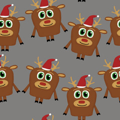 Fototapeta premium New Year seamless pattern with deer with Santa hat on a gray background