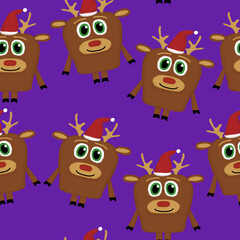 New Year seamless pattern with deer with Santa hat on a purple background