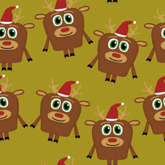 Fototapeta premium New Year seamless pattern with deer with Santa hat on an yellow background