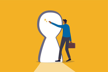 Secret of success, bright future of business opportunity, new challenge or freedom concept, curiosity businessman reach out to the bright shining key hold and start walking to achieve business goal.