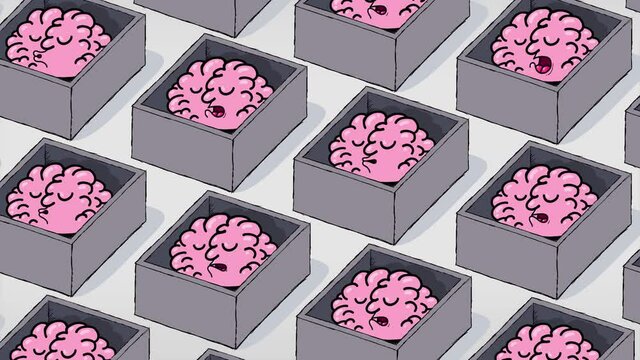 Cartoon brains in boxes. They are sleeping. Seamles loop. Metaphor of a passive futuristic society.