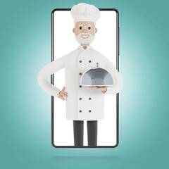 Chef at the smartphone screen. Online cooking courses, proper cooking. Delivery from the restaurant 3D illustration in cartoon style.