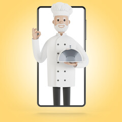 Chef at the smartphone screen. Online cooking courses, proper cooking. Delivery from the restaurant 3D illustration in cartoon style.