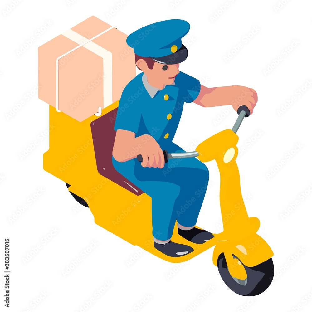Poster postman scooter box delivery icon. isometric of postman scooter box delivery vector icon for web des