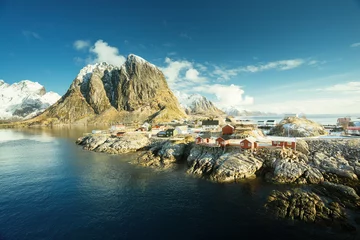 Deurstickers Reinefjorden Vissersdorp Hamnoy, lentetijd, Lofoten-eilanden, Noorwegen