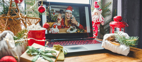 Christmas online holiday remote celebration X mas new year in lockdown coronavirus quarantine covid 19 new normal, social distance, remote communication, stay home vocation, Christmas party online