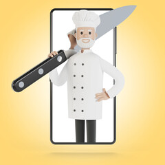 Chef at the smartphone screen. Online cooking courses, proper cooking. Delivery from the restaurant 3D illustration in cartoon style.