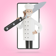 Chef at the smartphone screen. Online cooking courses, proper cooking. Delivery from the restaurant 3D illustration in cartoon style.