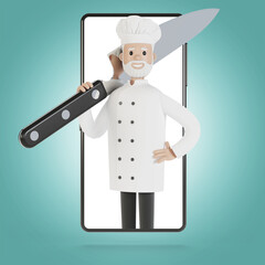 Chef at the smartphone screen. Online cooking courses, proper cooking. Delivery from the restaurant 3D illustration in cartoon style.