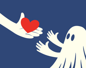 Obraz premium Close up of hand holding red Heart and a children with white ghost costume on blue background