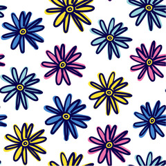 Seamless repeating pattern with painted flower blossom. Perfect for creating fabrics, greeting cards, wrapping paper, packaging. Multi-colored  templates with abstract shapes. 