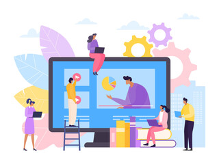 Online course learning video on computer screen, vector illustration. People communication about knowledge technology, teaching conference. Distance school people student education.