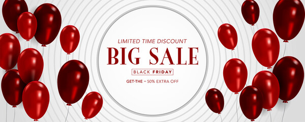 vector banner template black friday with balloons, black friday poster in white circle background
