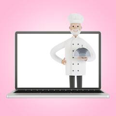 Restaurant staff team at the laptop screen. Delivery from the restaurant 3D illustration in cartoon style.