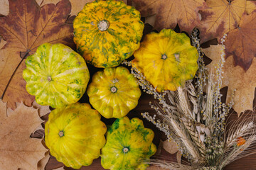 Colorful pattypan squash with bunch of herbs and autumn yellow leaves on wooden background. Top...