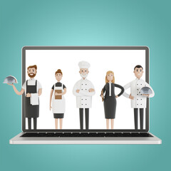 Restaurant staff team at the laptop screen. Delivery from the restaurant 3D illustration in cartoon style.