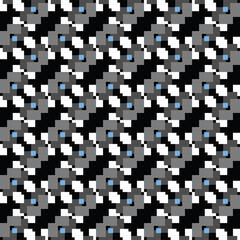 Vector seamless pattern texture background with geometric shapes, colored in black, grey, white, blue colors.