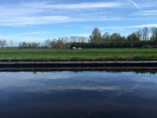the river near meadow against blue sky in the village of Giethoorn, Holland Netherlands