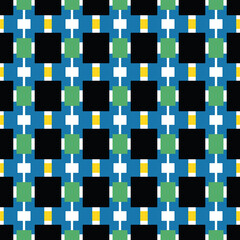 Vector seamless pattern texture background with geometric shapes, colored in blue, green, yellow, black, white colors.