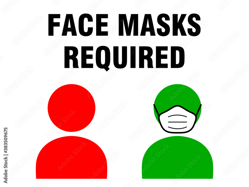 Poster face masks required warning sign with red and green human figures with and without face mask. vector