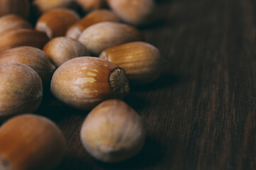 Pile of nuts. Hazelnuts. Whole nuts. Macro photo.
