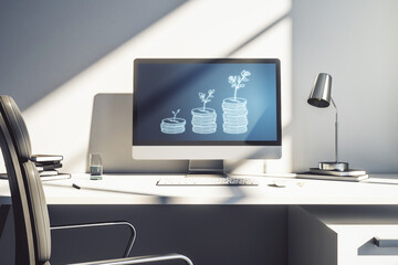 Creative concept of cash savings on modern laptop screen. Retirement savings and capital increase concept. 3D Rendering