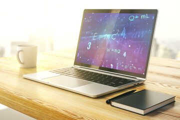 Modern computer monitor with creative scientific formula concept, research and development concept. 3D Rendering