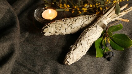 Dried white sage smudge stick, relaxation and aromatherapy. Smudging during psychic occult...