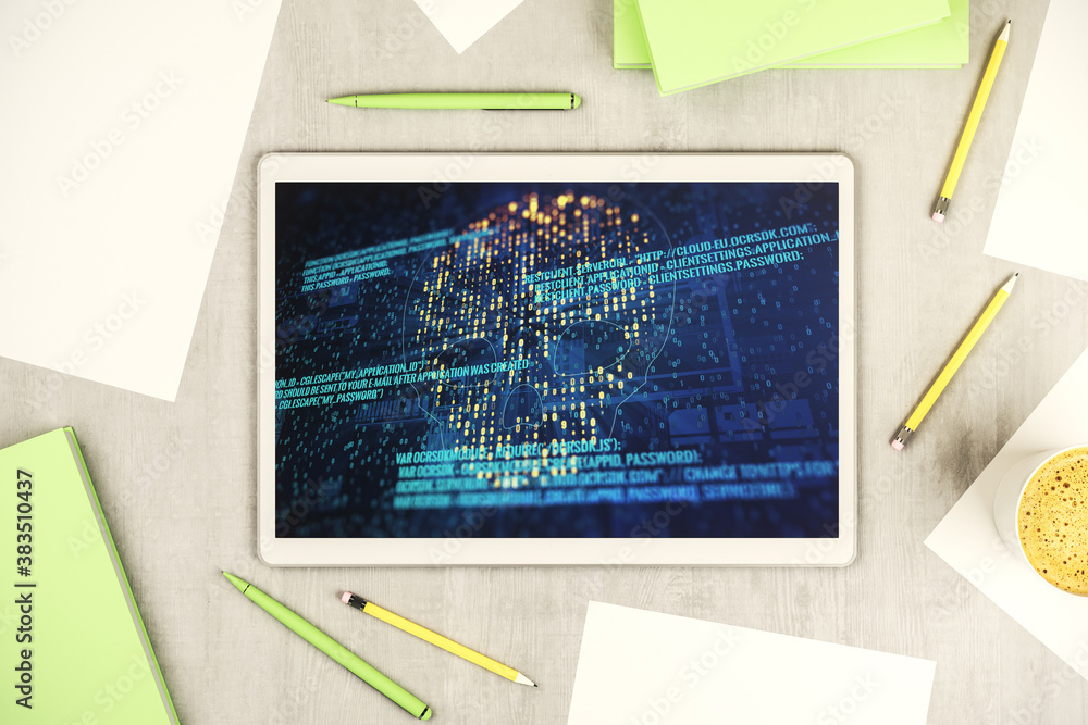 Leinwandbilder creative code skull hologram on modern digital tablet display, cybercrime and hacking concept. top v