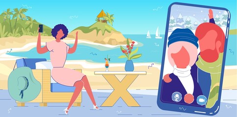 Cartoon Woman in Beach Cafe Calling Couple in Winter Weather wth Smartphone. Friend Online Communication, Connection in Vacation Travel. Mobile Phone Messenger Video Call Vector Illustration