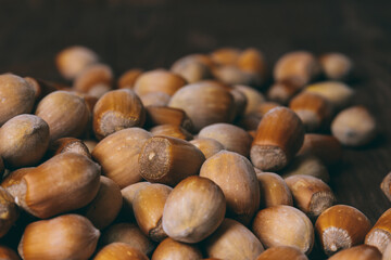 Pile of nuts. Hazelnuts. Whole nuts. Macro photo.